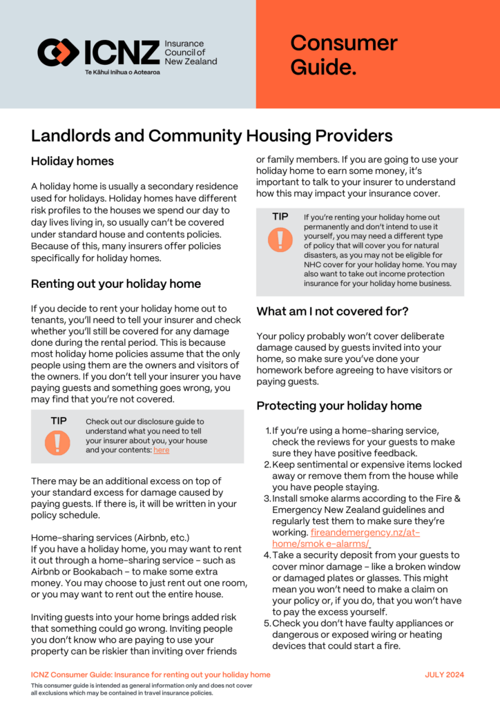 ICNZ Consumer Guide 2025 – Insurance for renting out your holiday home